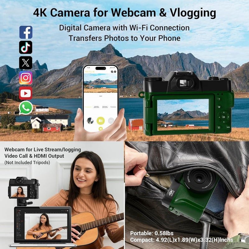 SMARTKLIK 4K Digital Camera for Photography Autofocus 75MP 16X Digital Zoom with 3'' 180° Flip Screen Vlogging YouTube Video Students Compact Cameras with 2 Batteries 64GB Micro SD Card(DeepGreen) - Image 3